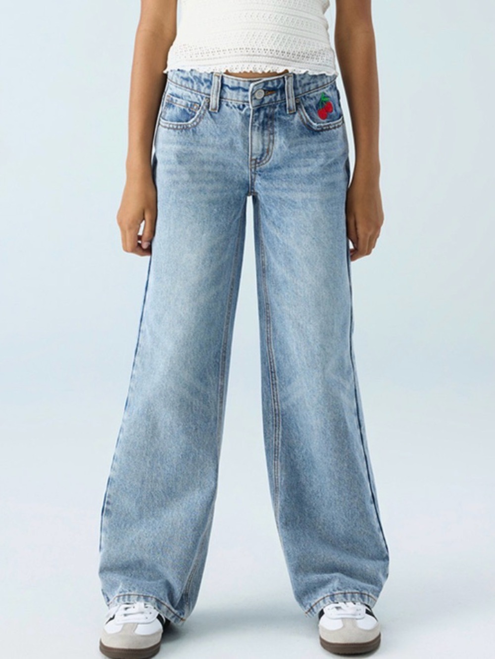 RSQ Tilly’s Girls Embroidered Cherry Pocket Wide Leg Jeans